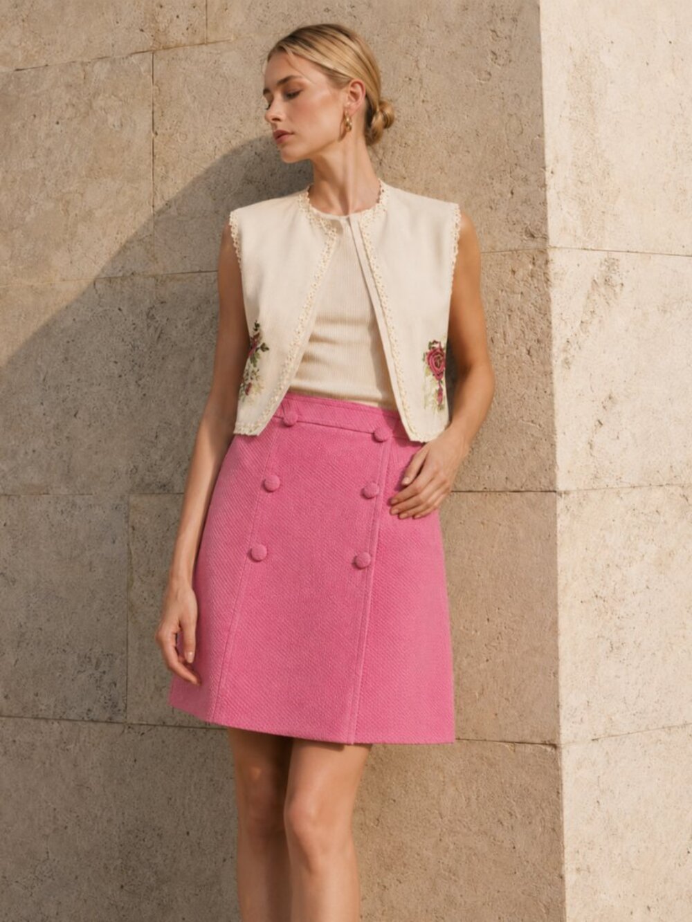 100% Cotton Pink Textured Wrap-Front A-Line Skirt Size 10